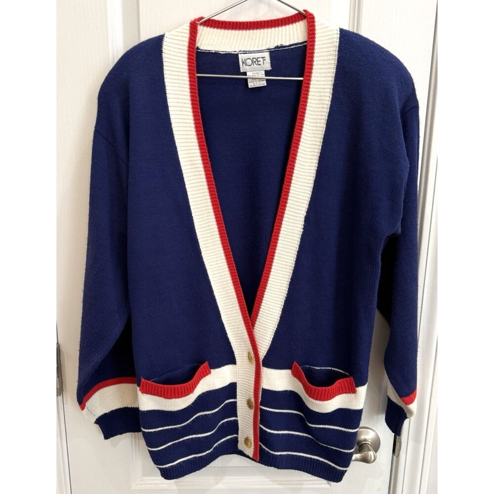 Vintage Koret Nautical Striped Cardigan Sweater Anchor Gold Buttons Sz S
